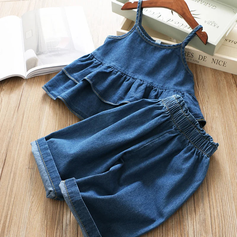 Korean Denim Top + Wide Leg Pants 2Pcs