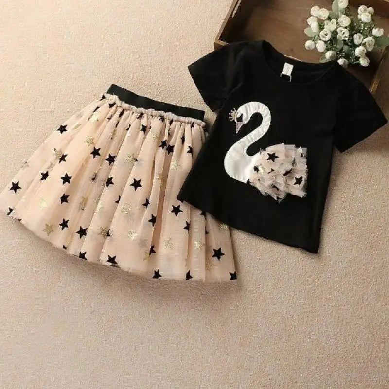 Swan Printed Fashion Dress 2Pcs