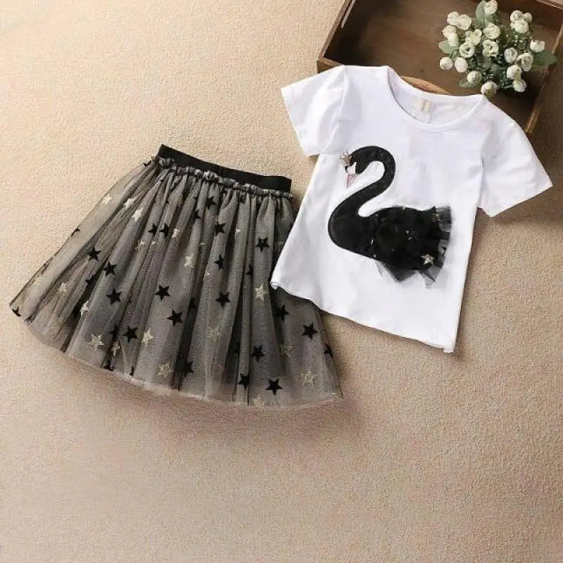 Swan Printed Fashion Dress 2Pcs