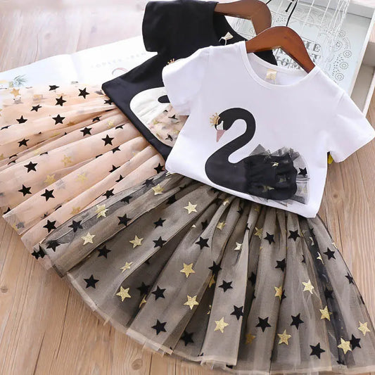 Swan Printed Fashion Dress 2Pcs