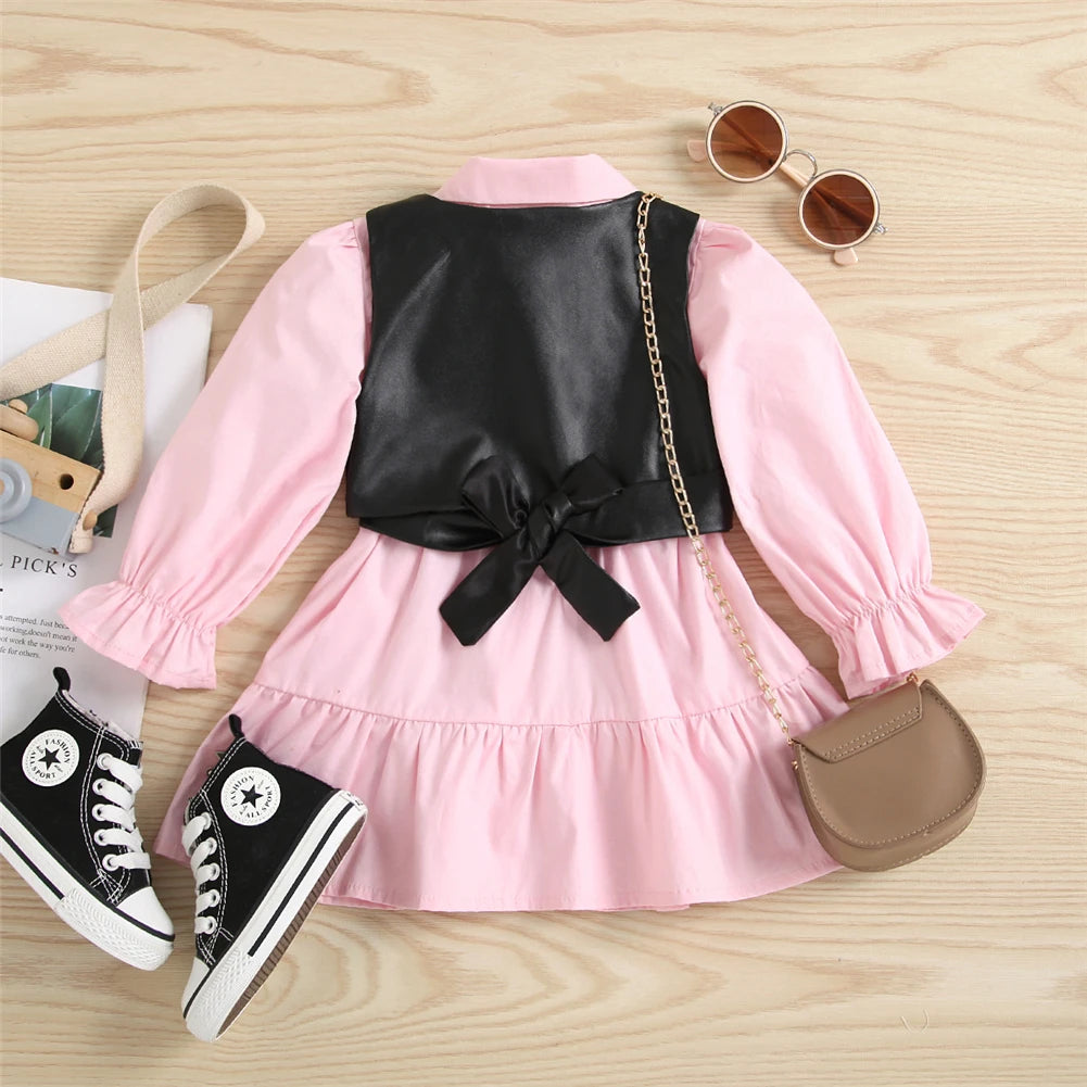 Autumn Long Sleeve +PU Leather Vest 2PCS