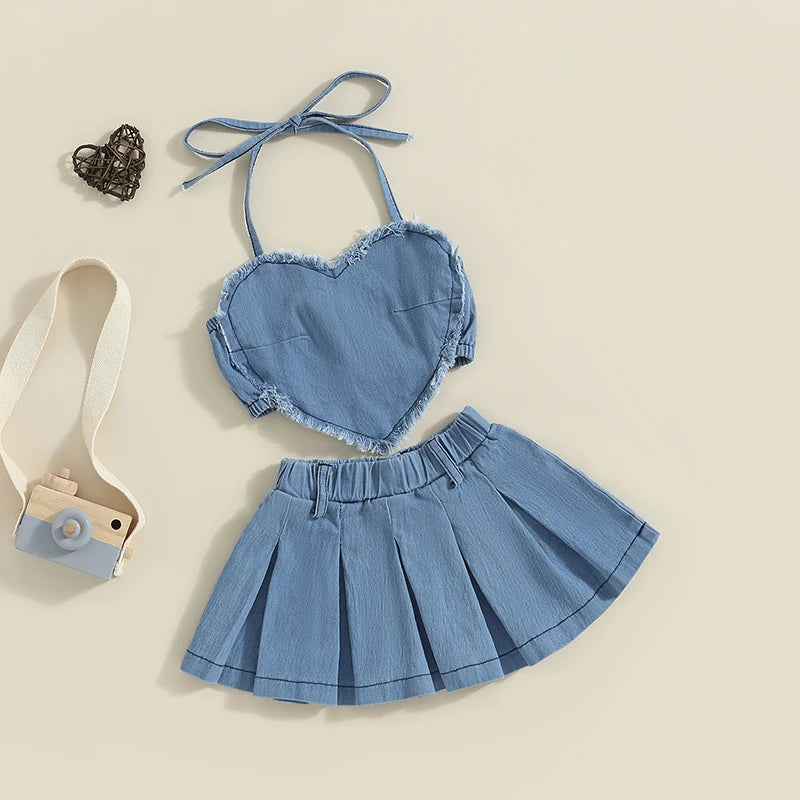 Sleeveless Halter Neck Heart Tops + Pleated Skirt Set