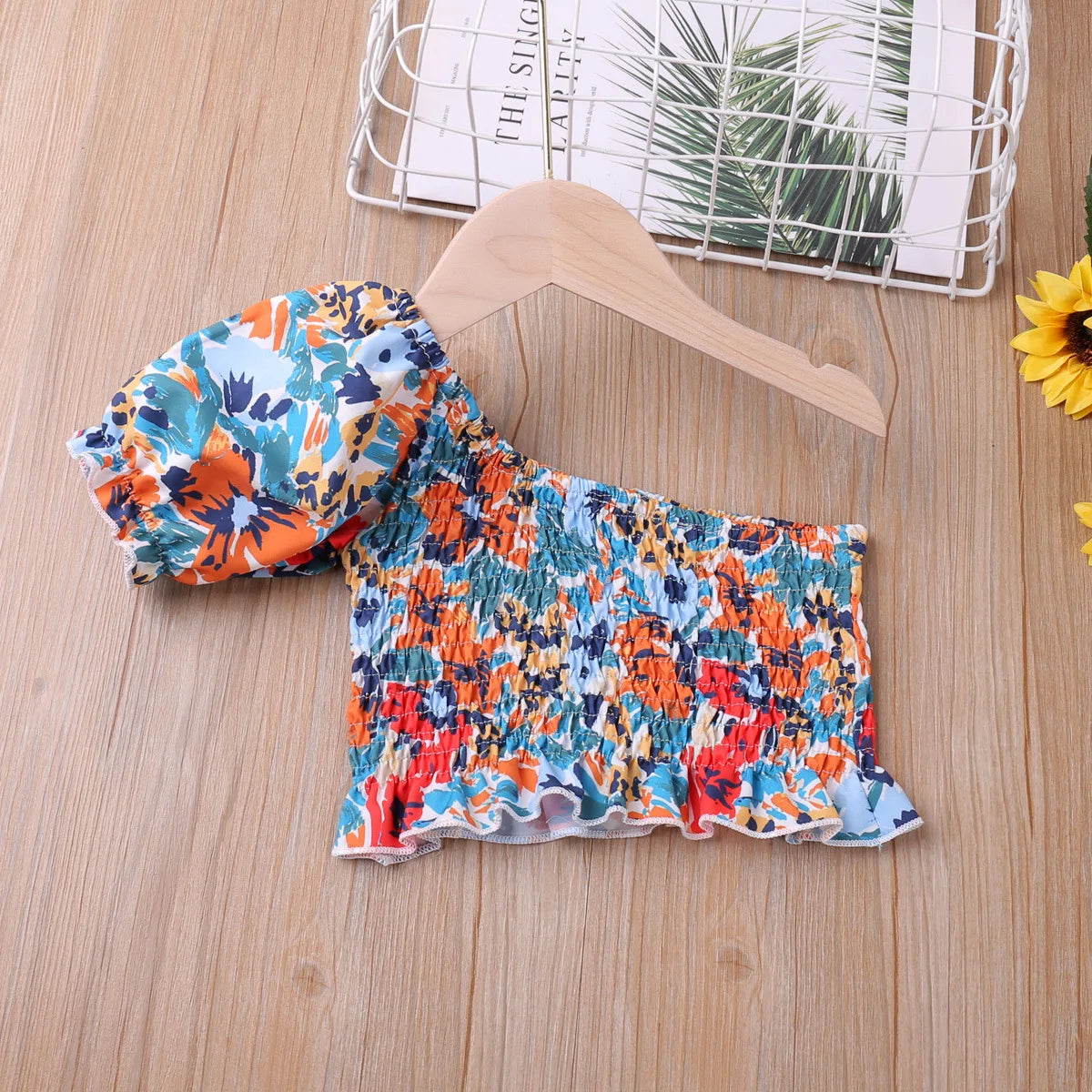 Floral Off-Shoudler T-Shirt + Denim Shorts 2pcs