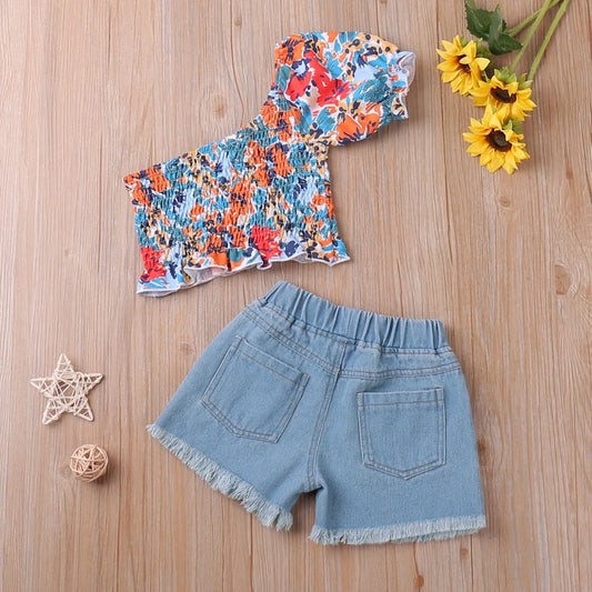 Floral Off-Shoudler T-Shirt + Denim Shorts 2pcs