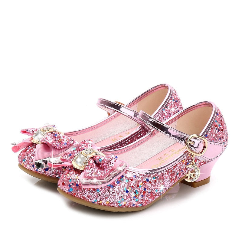 Princess Kids Shoes for Girls Children Girls Shoes Butterfly Knot High Heel Princess Shoes Glitter Leather Party Dress Weeding