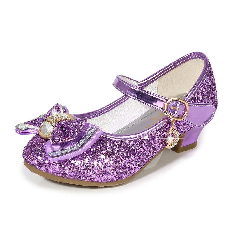 Princess Kids Shoes for Girls Children Girls Shoes Butterfly Knot High Heel Princess Shoes Glitter Leather Party Dress Weeding