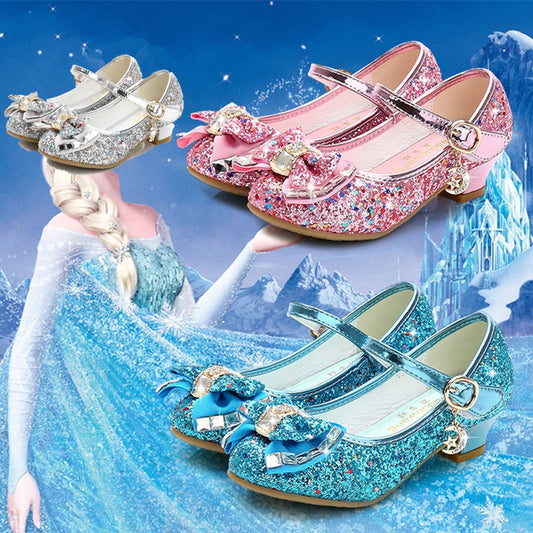 Princess Kids Shoes for Girls Children Girls Shoes Butterfly Knot High Heel Princess Shoes Glitter Leather Party Dress Weeding